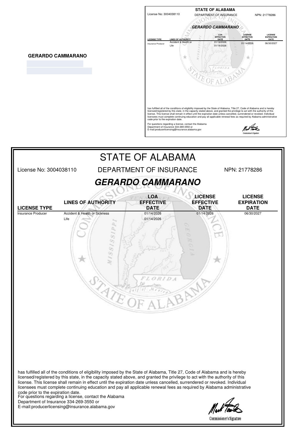 Alabama producer license certificate