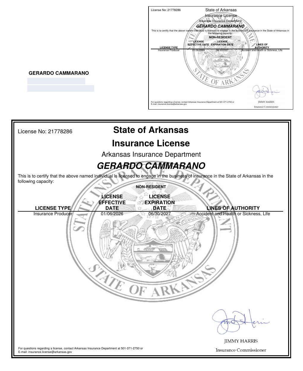 Arkansas producer license certificate