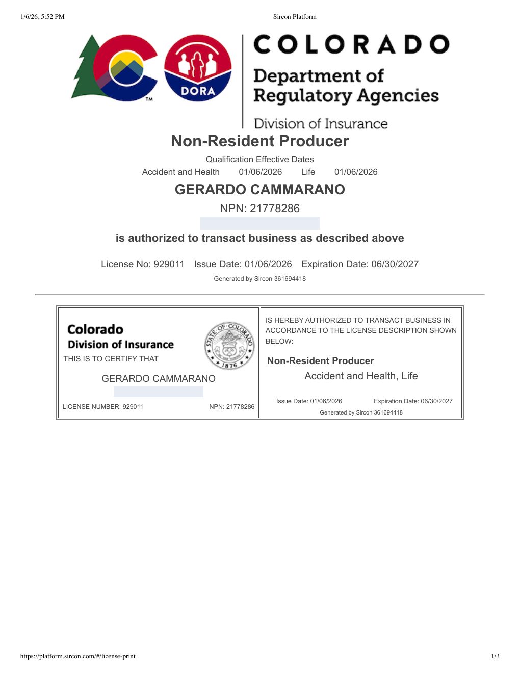 Colorado producer license certificate