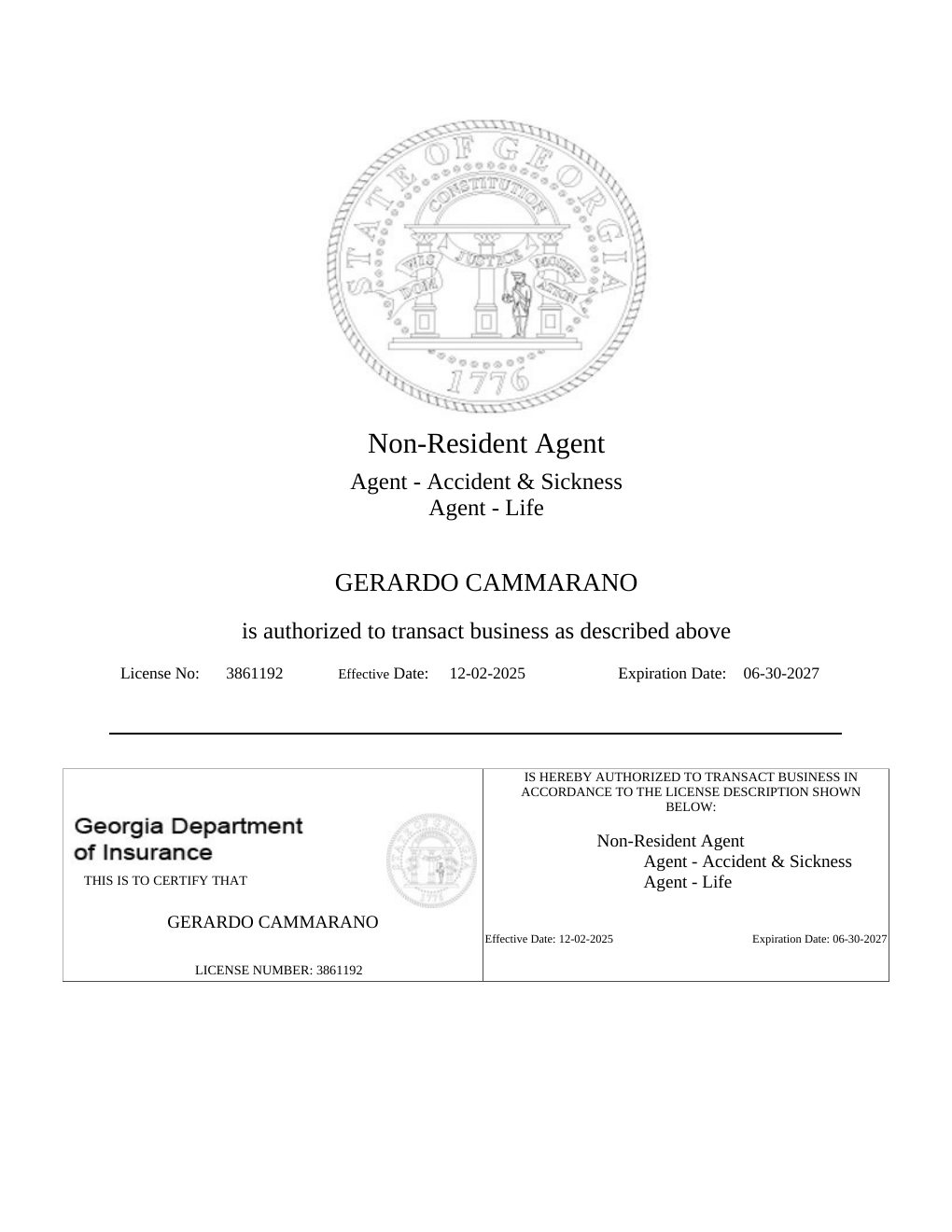 Georgia producer license certificate