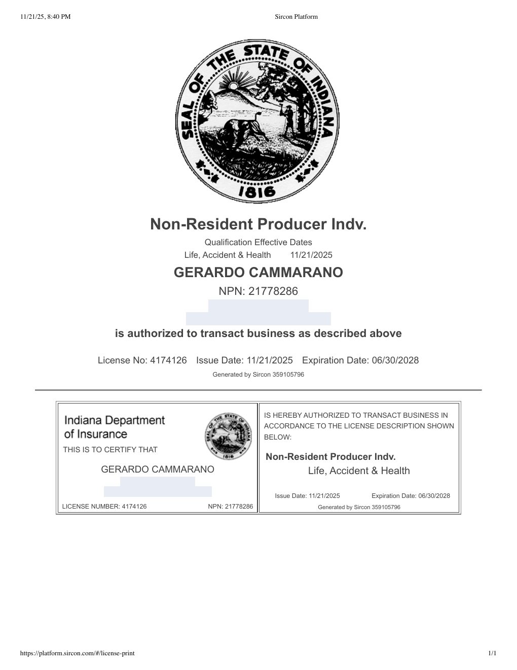 Indiana producer license certificate