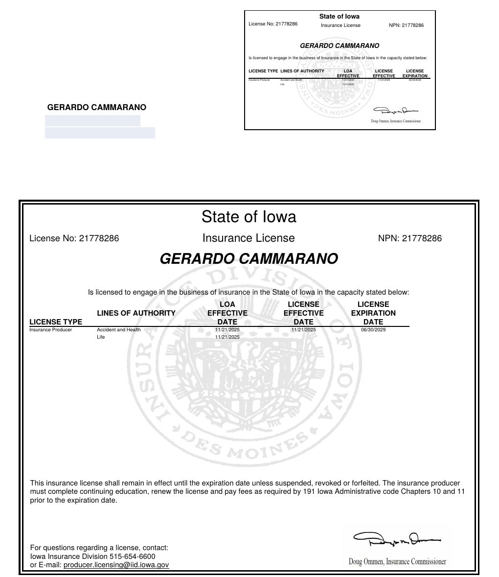 Iowa producer license certificate