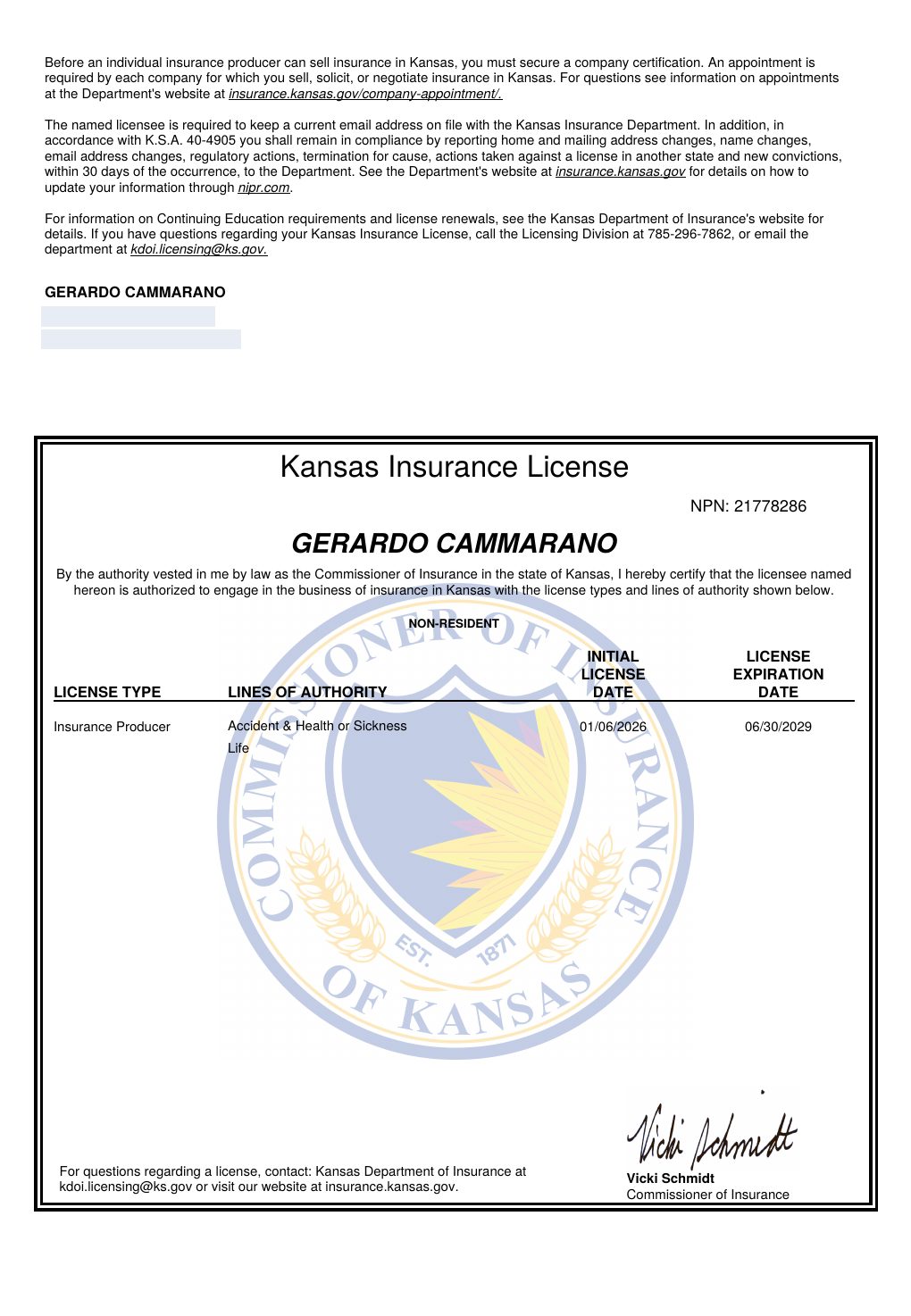 Kansas producer license certificate