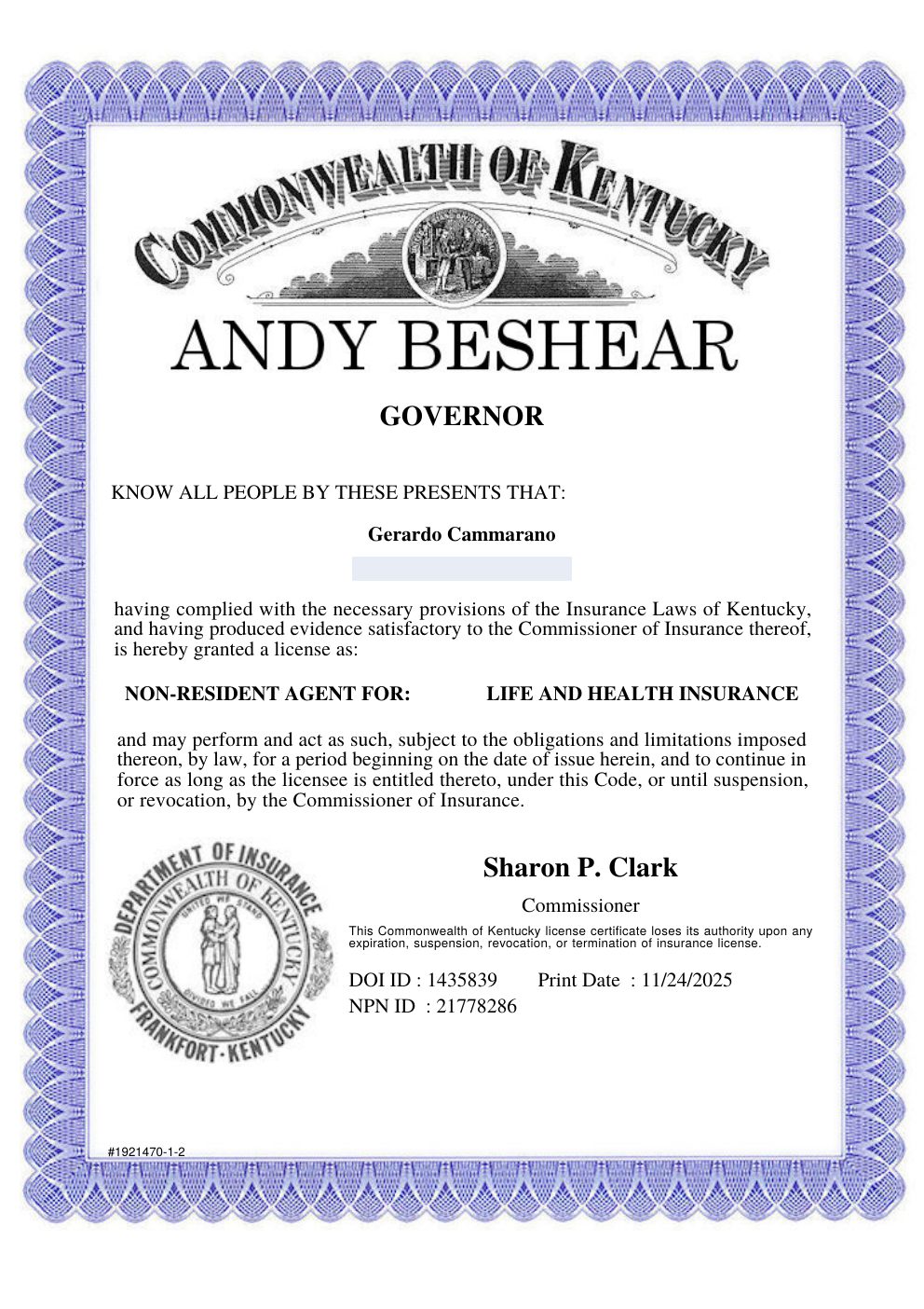 Kentucky producer license certificate