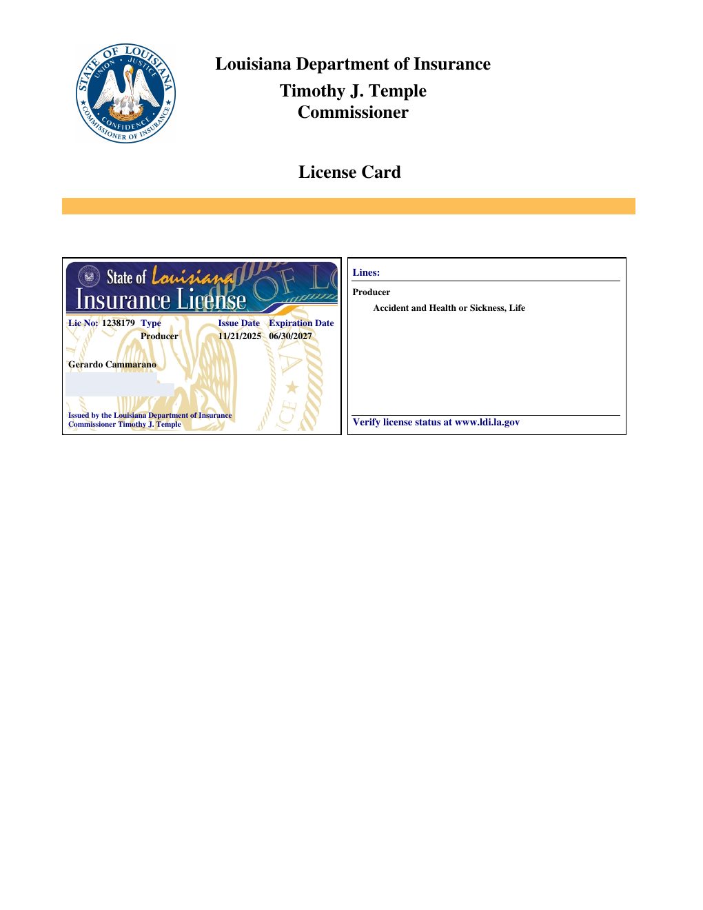 Louisiana producer license certificate