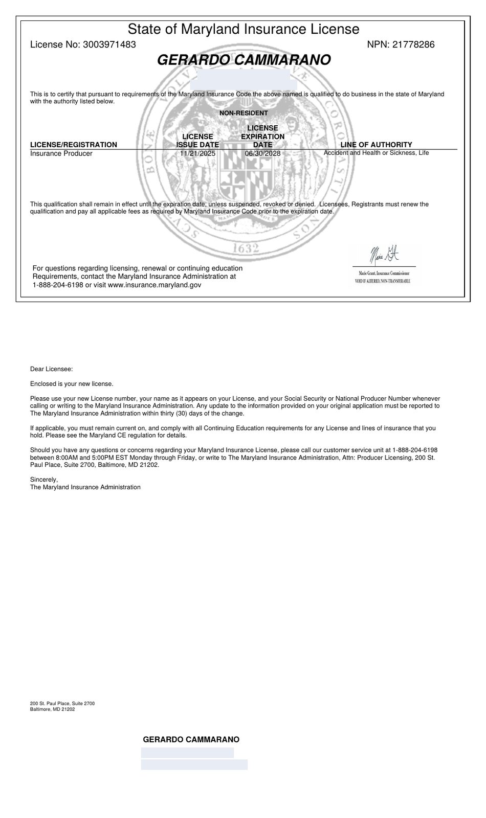 Maryland producer license certificate