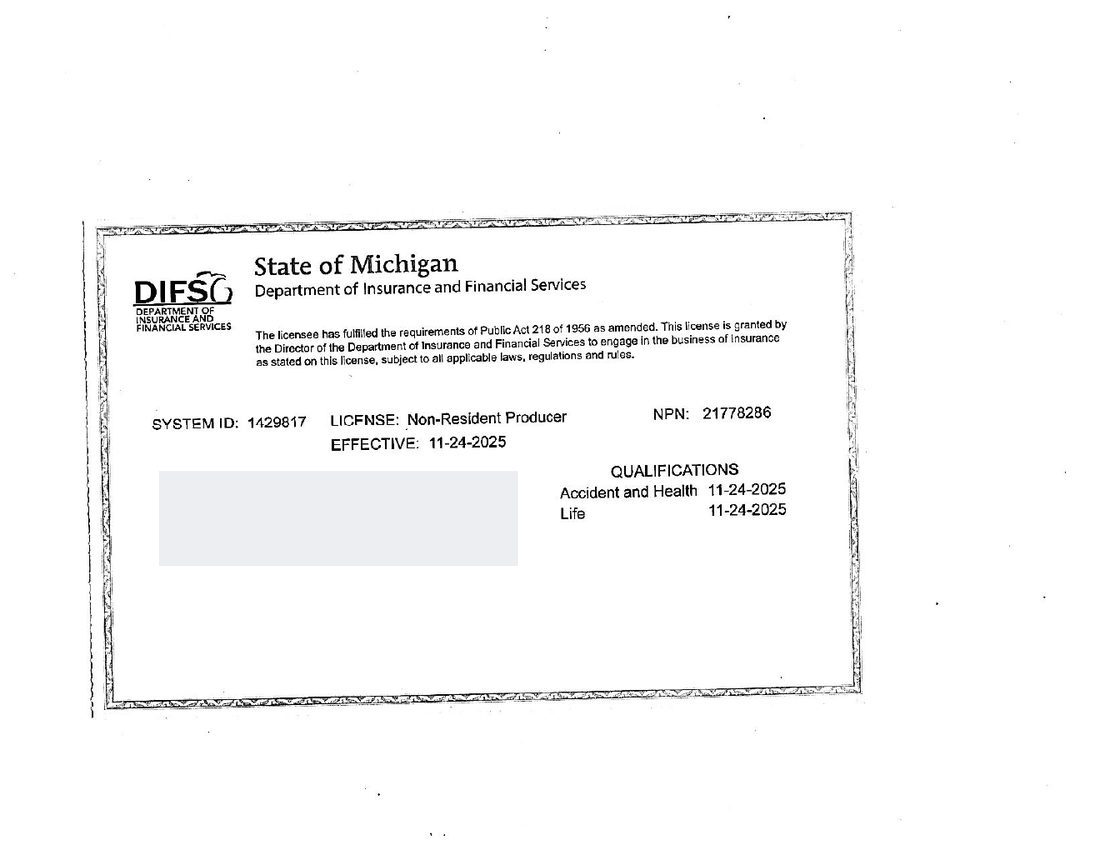 Michigan producer license certificate