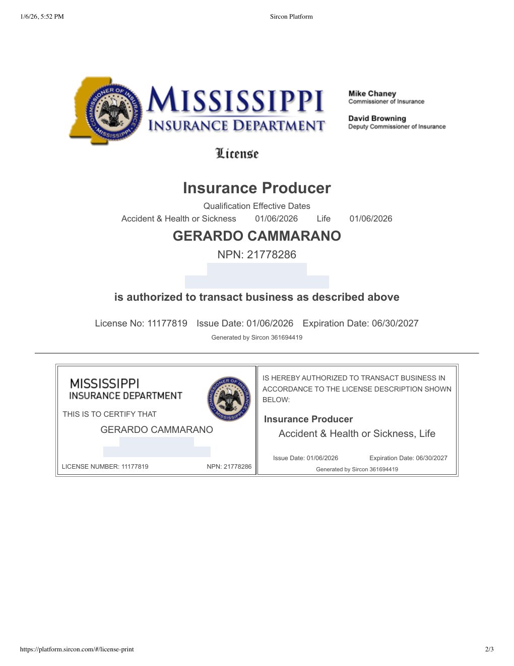 Mississippi producer license certificate