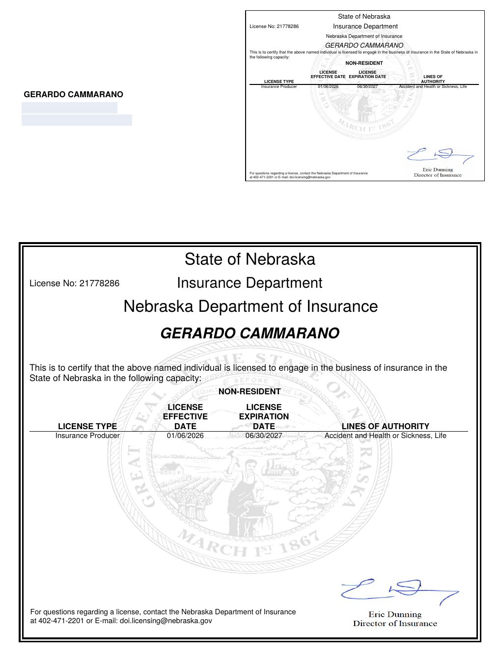 Nebraska producer license certificate