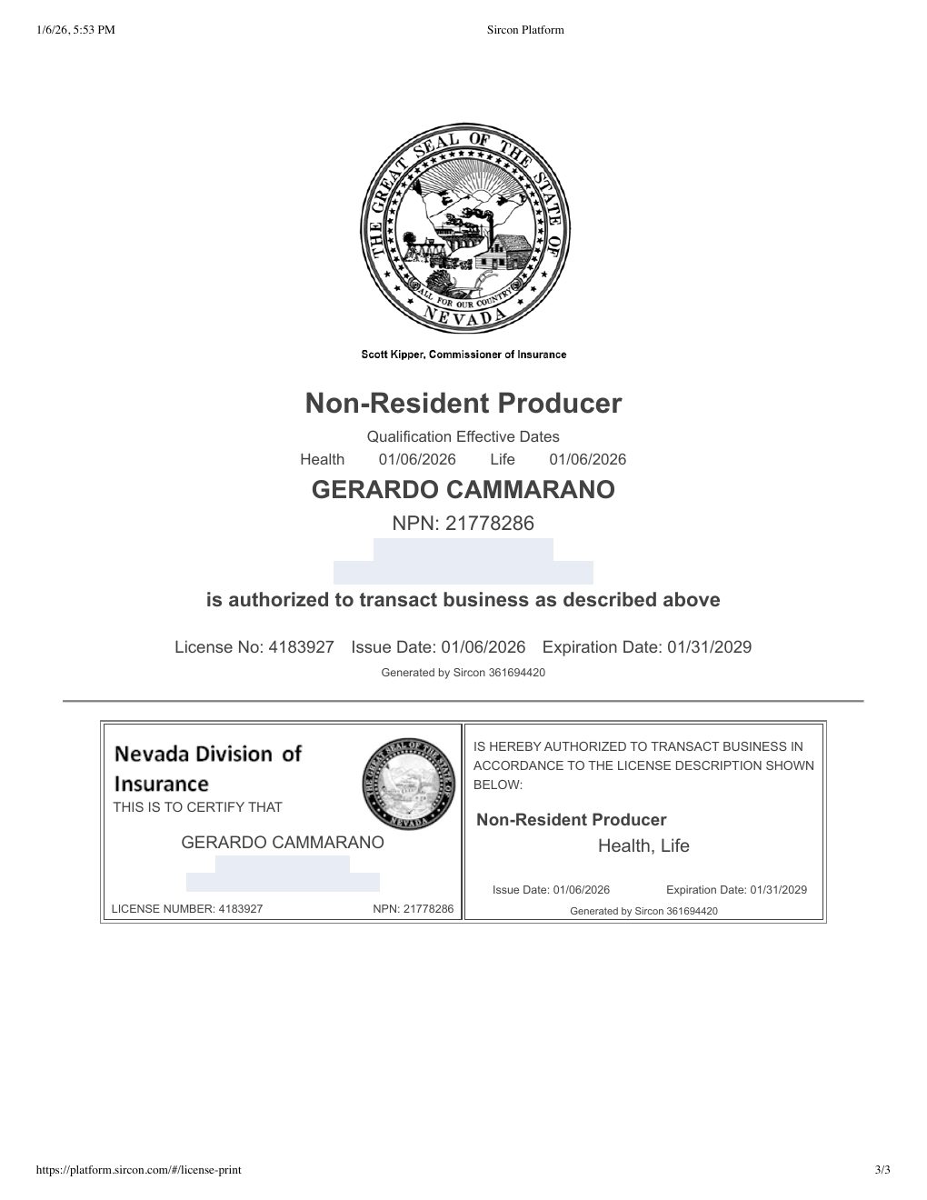 Nevada producer license certificate