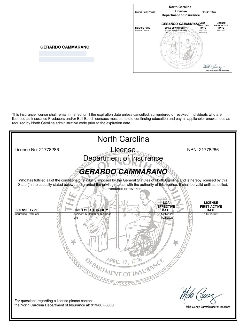 North Carolina producer license certificate