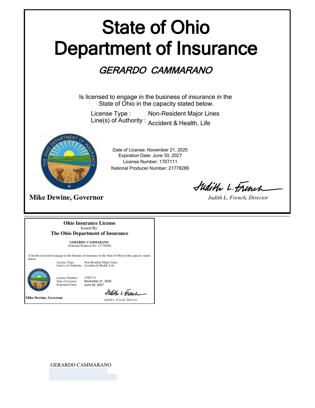 Ohio producer license certificate