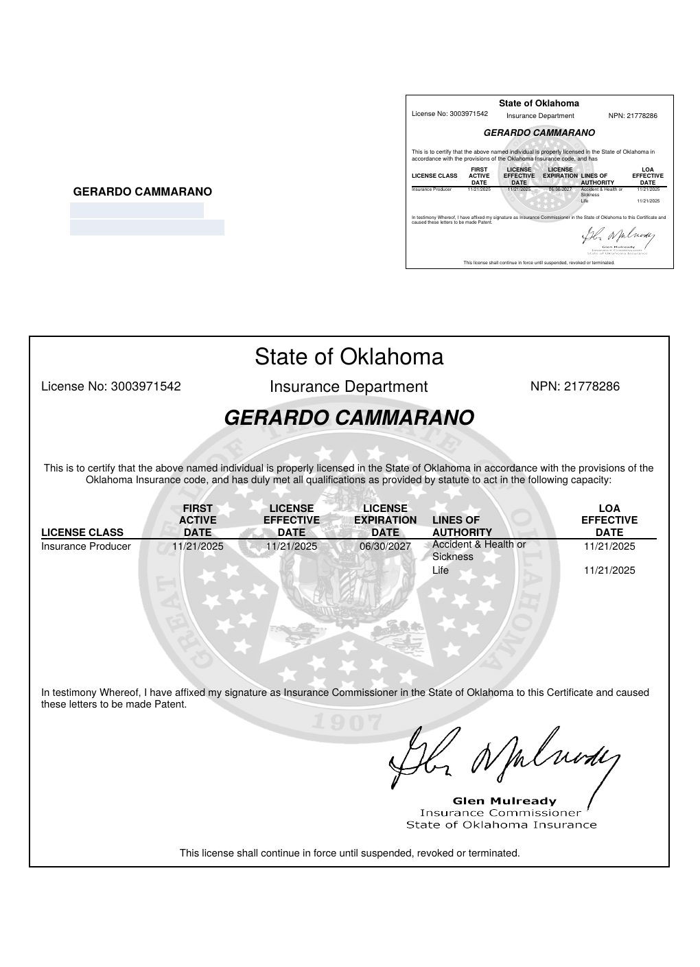 Oklahoma producer license certificate