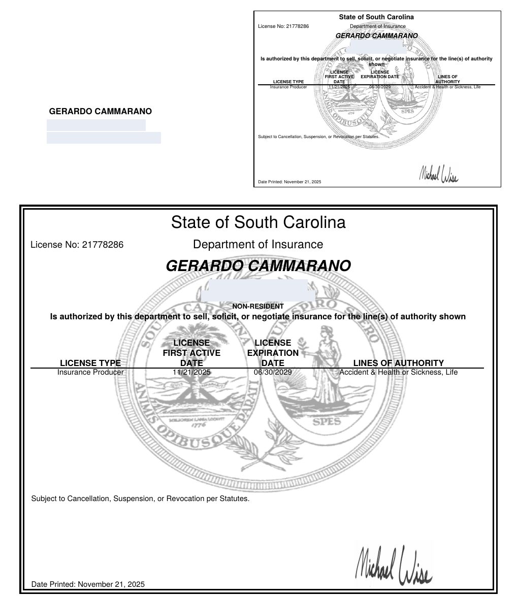 South Carolina producer license certificate