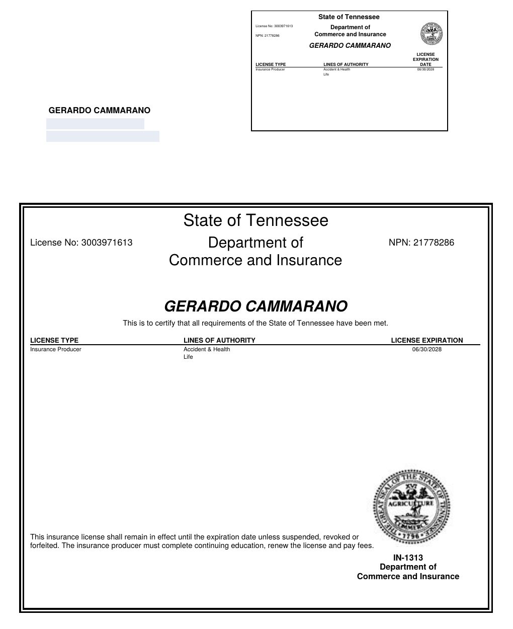 Tennessee producer license certificate