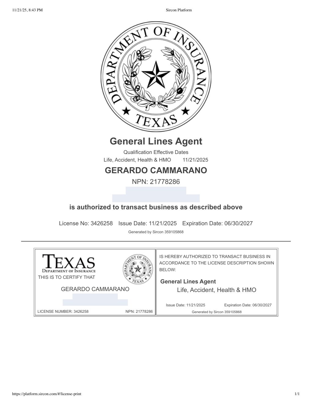 Texas producer license certificate