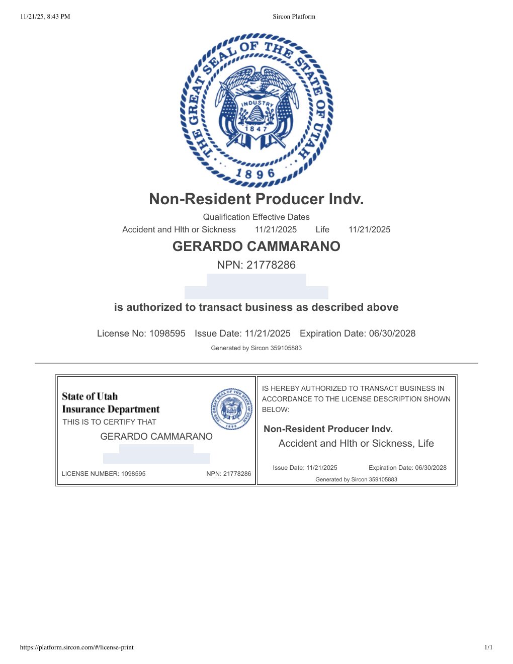 Utah producer license certificate