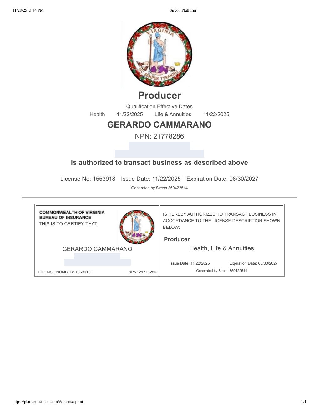Virginia producer license certificate