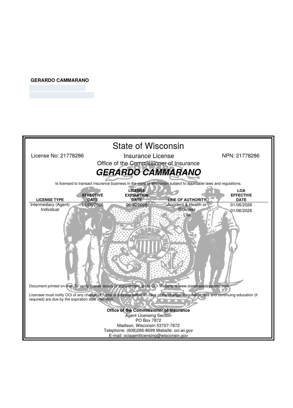 Wisconsin producer license certificate
